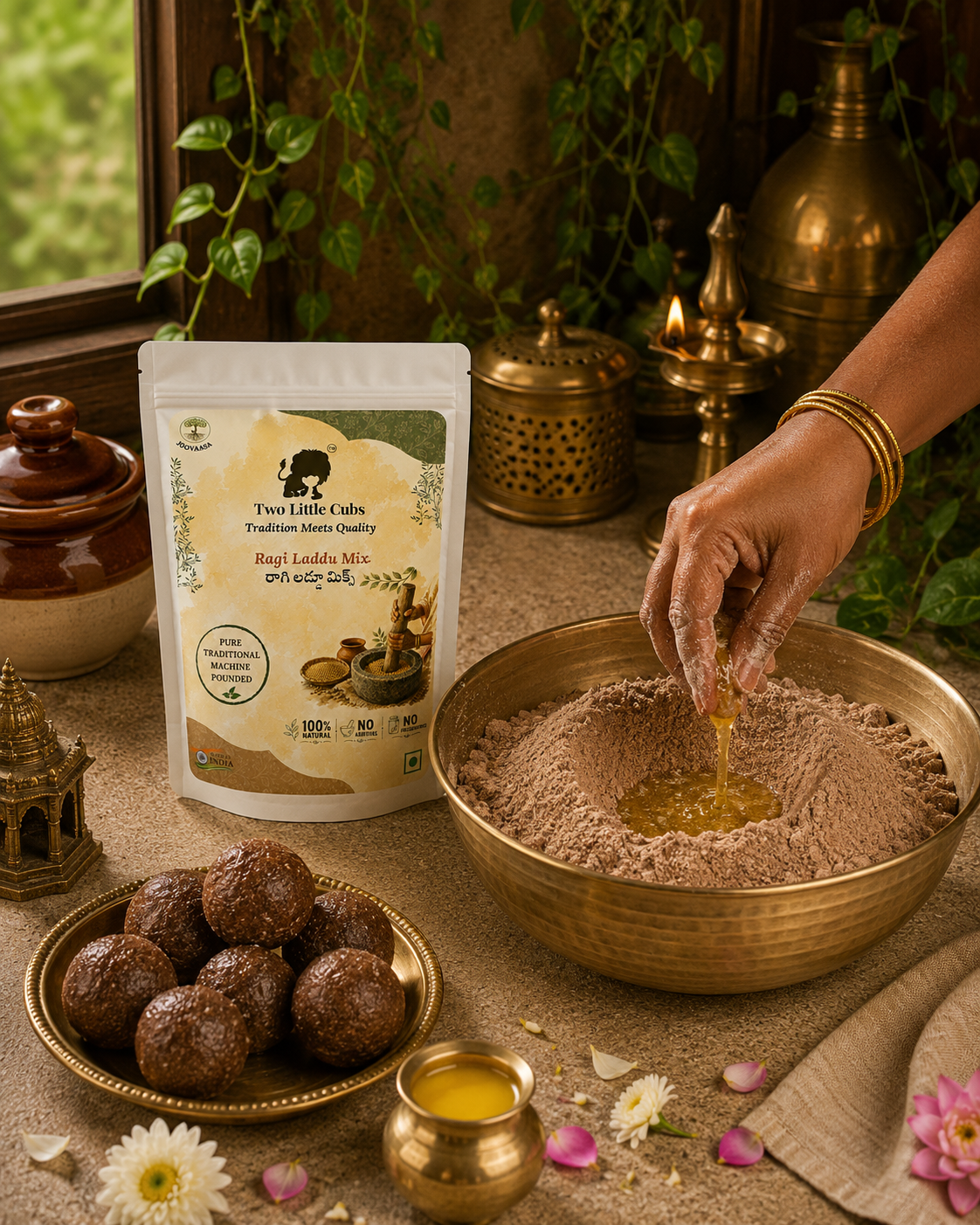 Raagi Laddu Mix combined with ghee and shaped into laddus