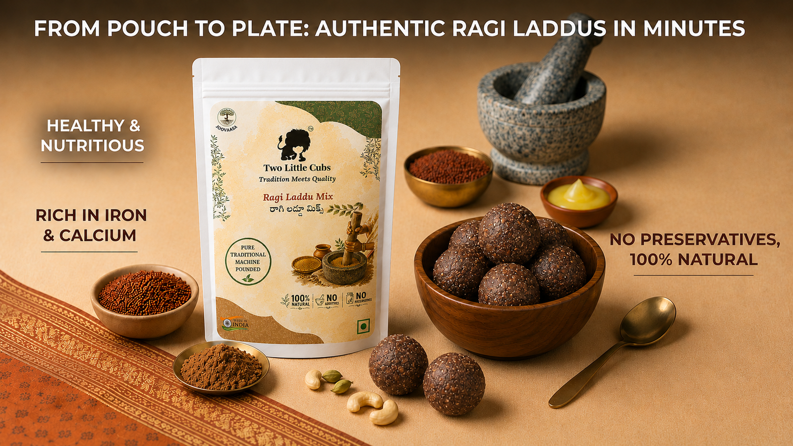 Traditional ragi laddus made with Two Little Cubs Raagi Laddu Mix