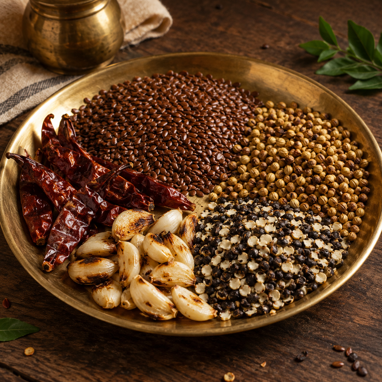 Roasted flax seeds coriander cumin black gram and curry leaves for Avise Karappodi