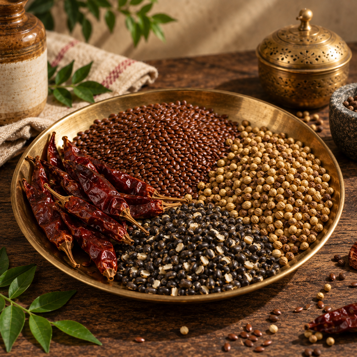 Roasted flax seeds coriander redchilli black gram and curry leaves for Avise Karappodi